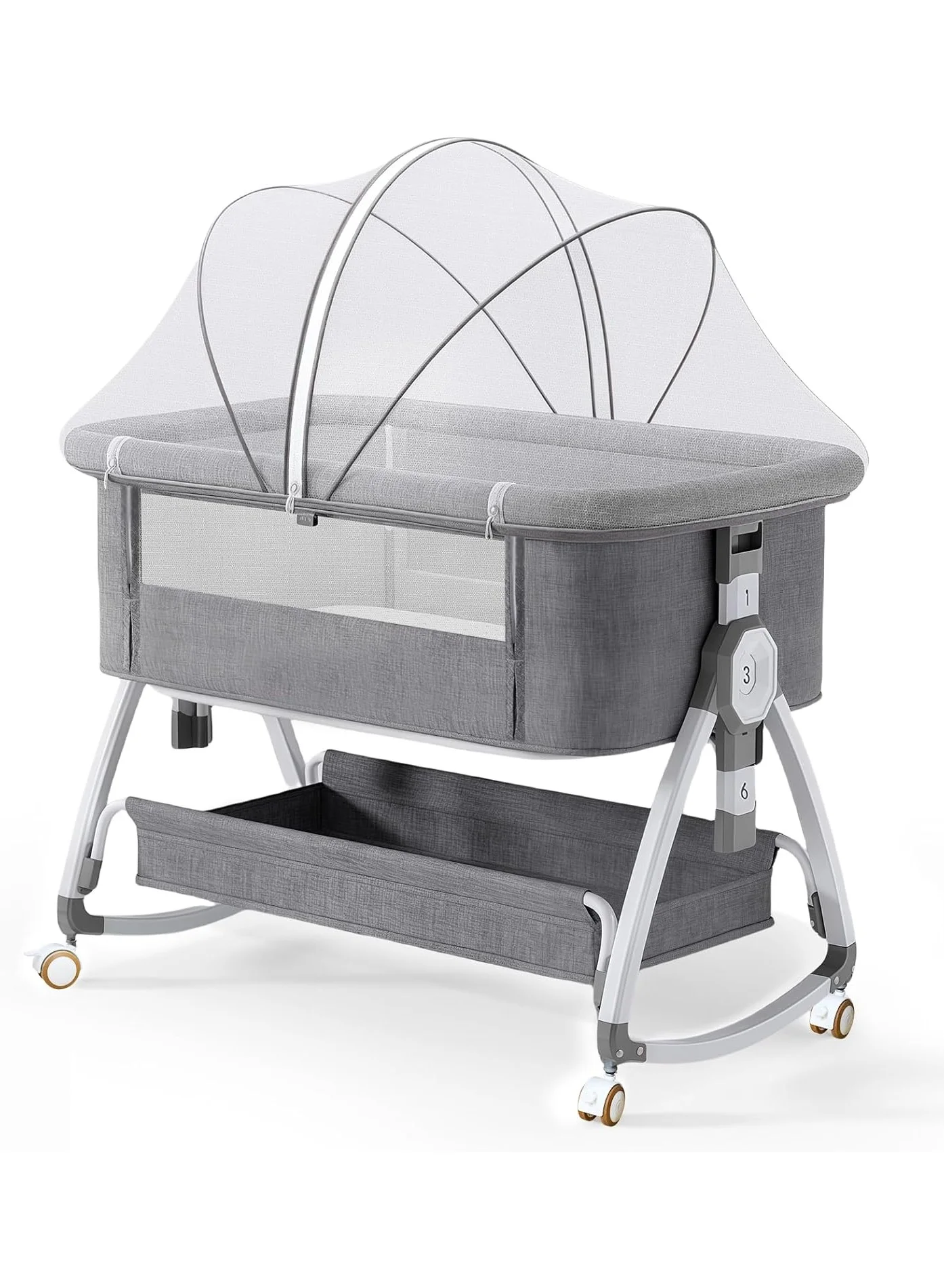 NNEWVANTE 4-in-1 Baby Bassinet and Bedside Sleeper with Mosquito Net and Storage Basket (Grey, 90x55x85 cm) k5uqe