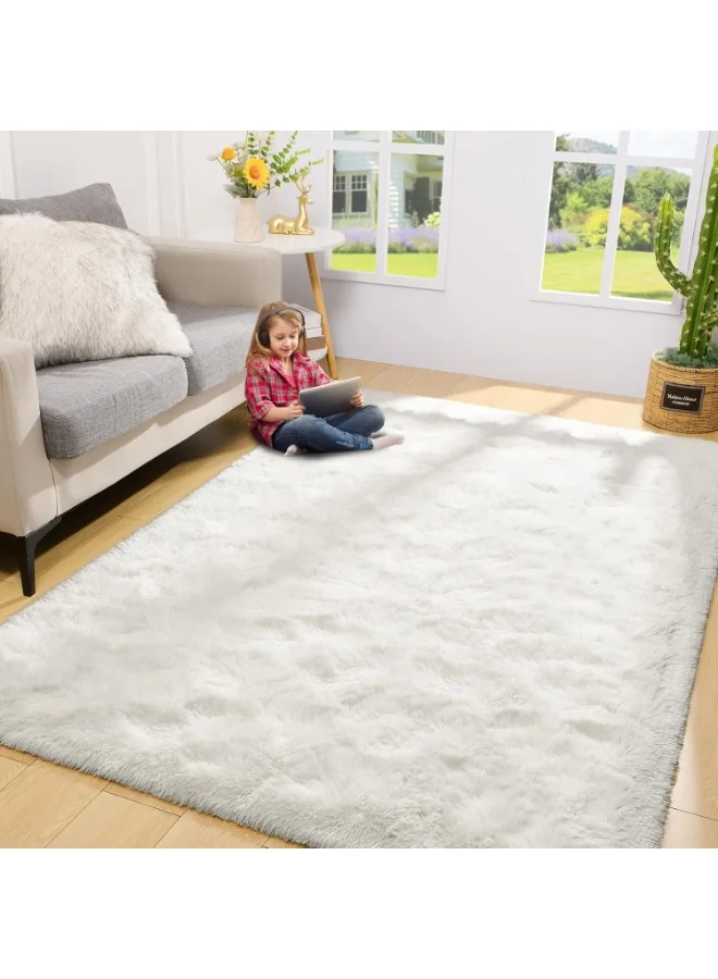 LIODUX Ultra Soft Modern Area Rug, Fluffy Indoor Living Room Carpet, Non-Slip Bedroom Home Decor, Washable Furry Floor Mat (White, 120x160cm) hxq04