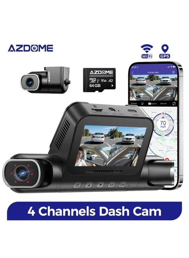 AZDOME M660 4-Channel Dash Cam 2K Front 1080P Interior Rear GPS 5G WiFi with 64GB Storage (Black, 1 Unit) uwa3h