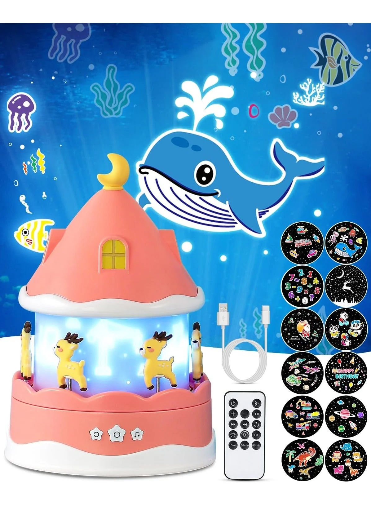 XICEN Baby Star Projector Night Light with Remote Control and Timer, 360 Degree Rotating Lamp with 12 Songs and 12 Films (Pink, 1 Piece) lntvx