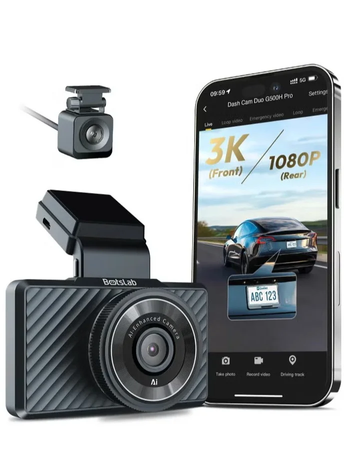 Premium Dual Dash Cam 3K Front and 1080p Rear Recording System with ADAS and Built-in GPS (Black, 1 Set) c0j15