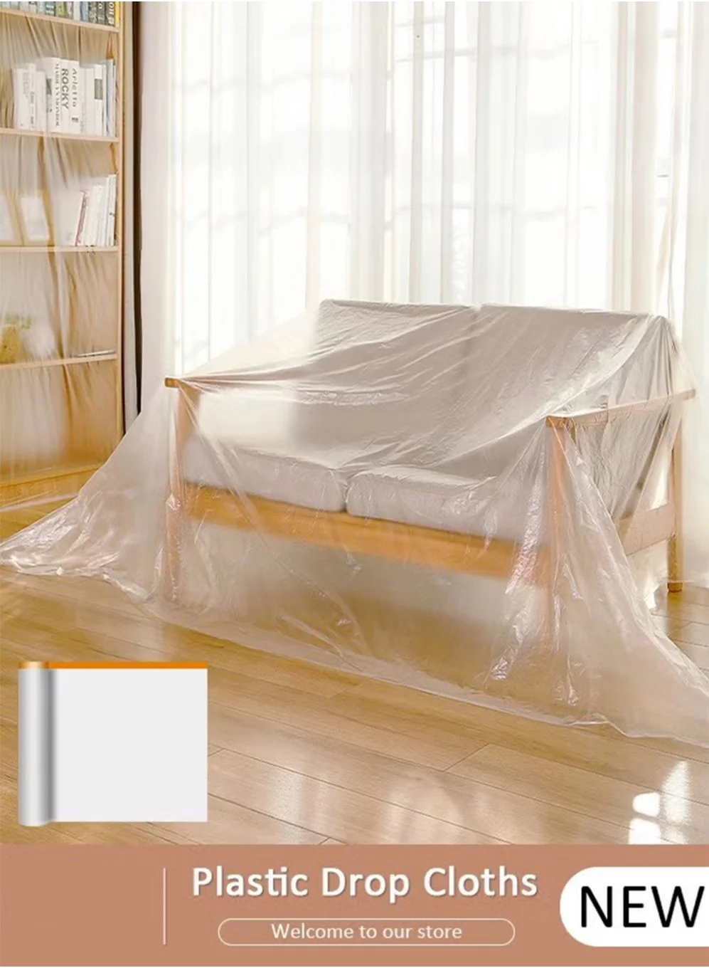 YOUGE Plastic Drop Cloths Waterproof Furniture Cover with Adhesive Strip for Painting Protection (Clear, 3m x 20m) nar5p