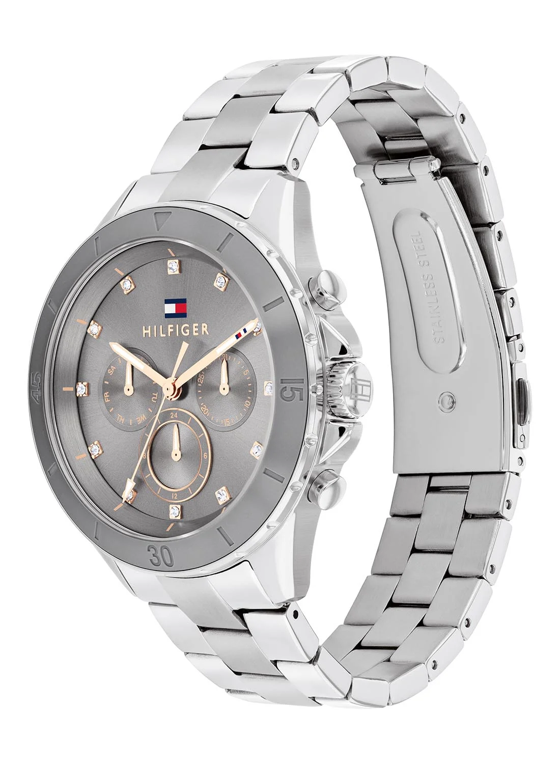 Premium Round Analog Women's Watch with Grey Case and Stainless Steel Band d8up7
