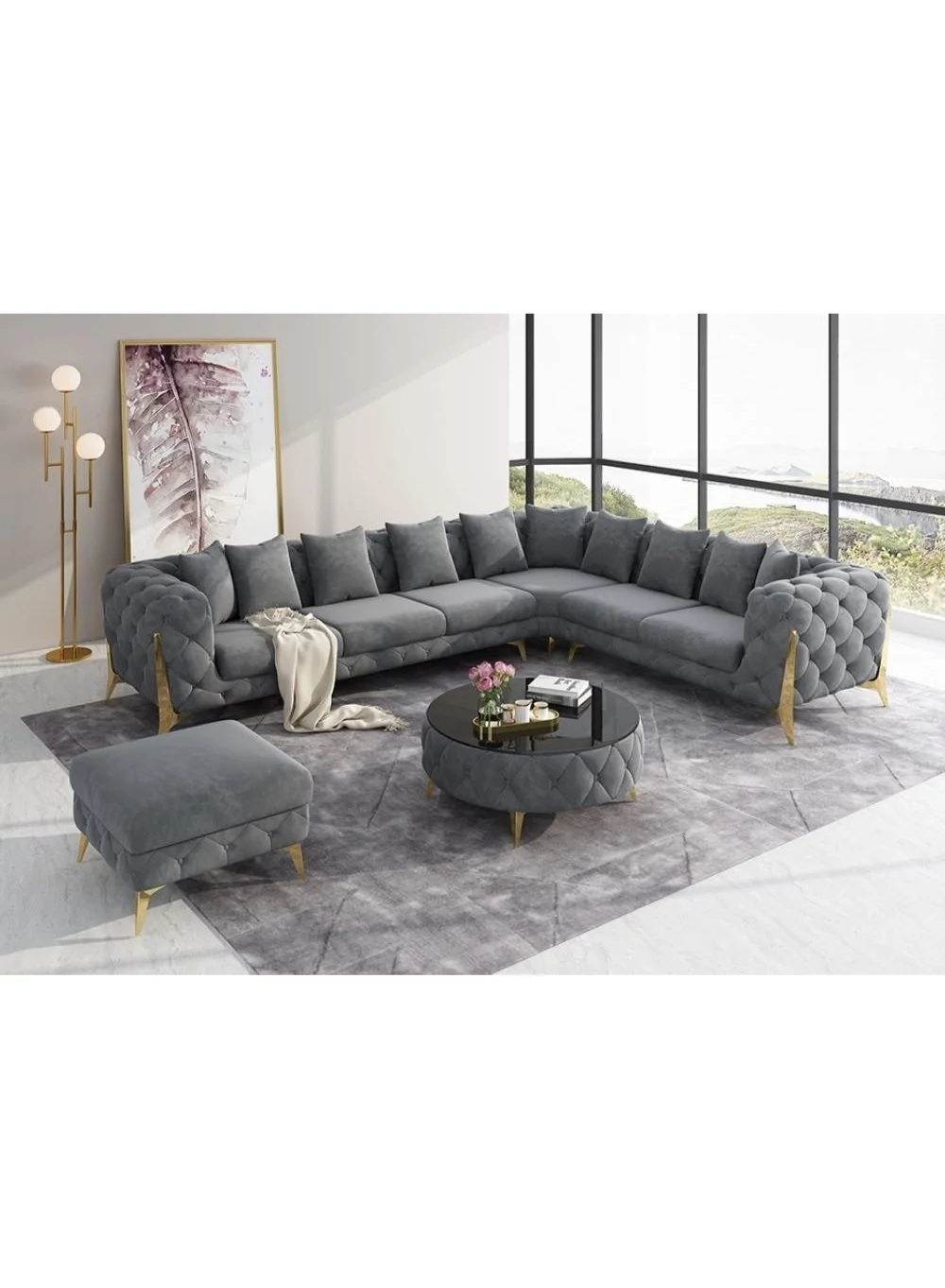 Maharat Al Bahar L-Shaped Chesterfield Velvet Sofa Set, 6 Seater Luxury Traditional Living Room Furniture (Grey) elcnk