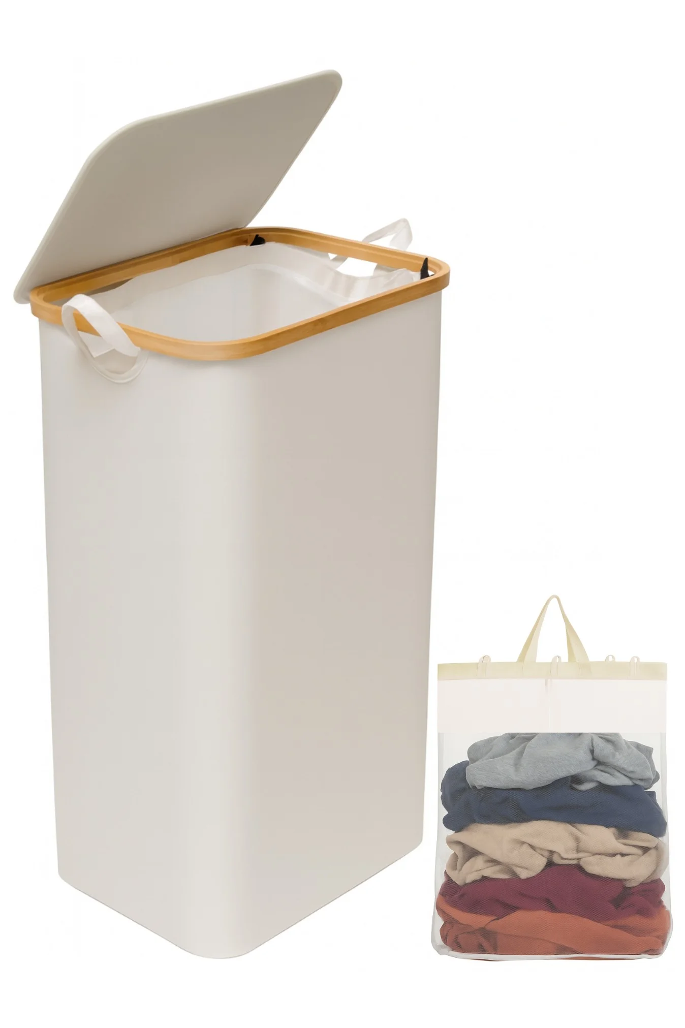 Sortify Foldable Laundry Basket with Cover and Removable Mesh Bag (100L, White, 75x42x32cm) t8toq