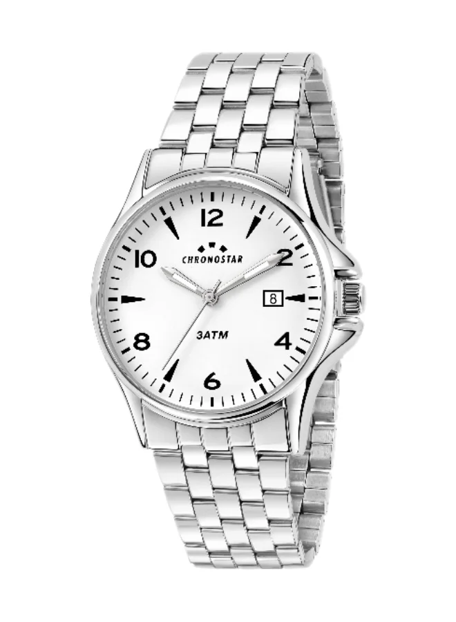 Chronostar Men's Analog Quartz Watch with Silver Stainless Steel Band (White Dial, 43mm) 253ag