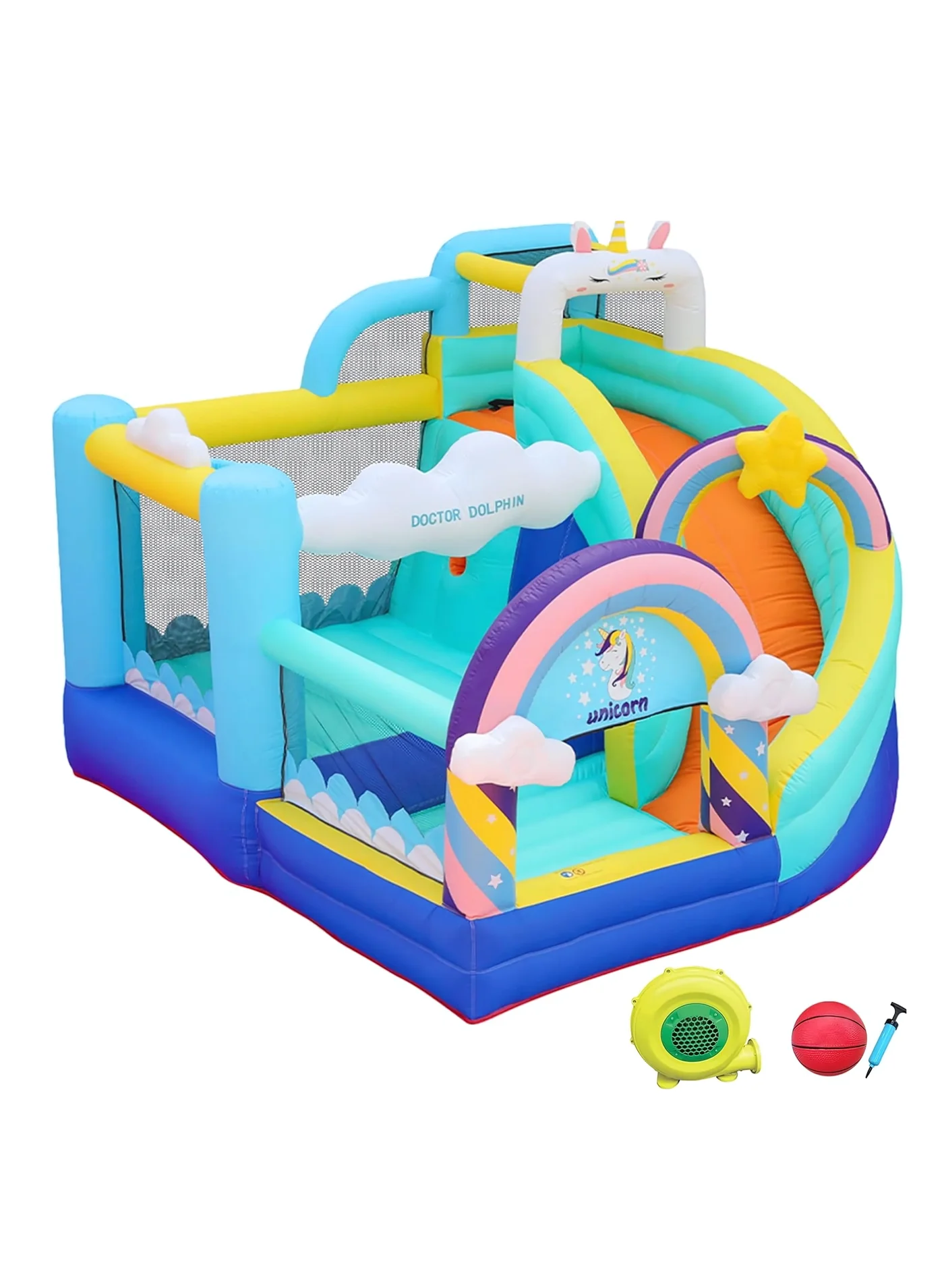 Doctor Dolphin Inflatable Unicorn Bounce House with Slide and Basketball Hoop (White, 320 x 290 x 235 cm) pl3or