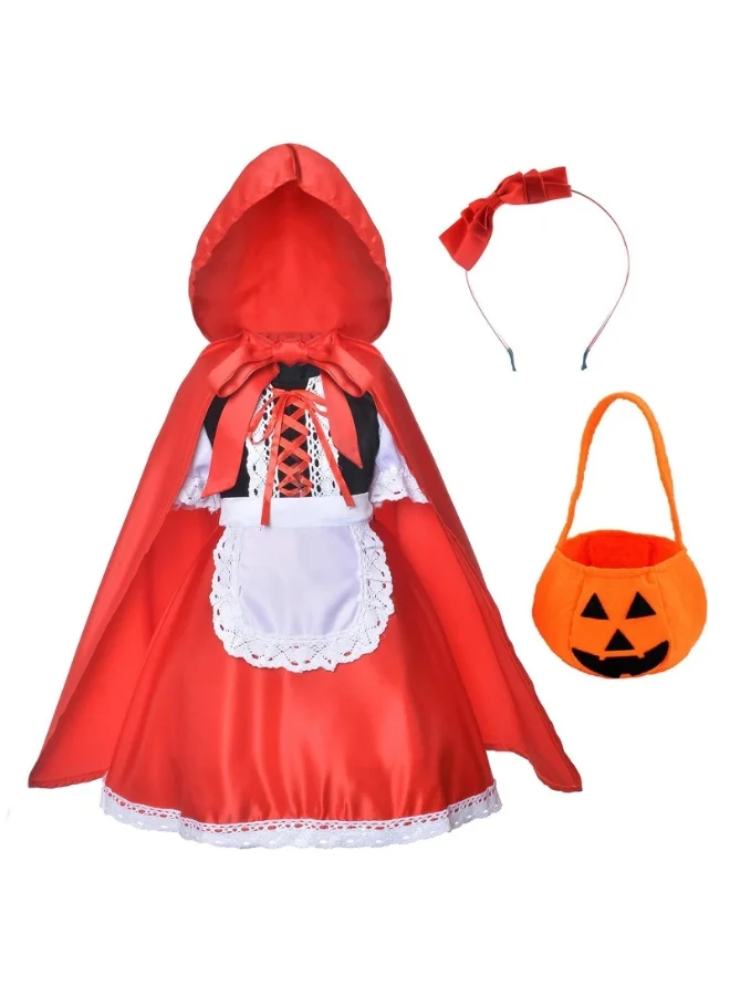 OSHIMA Little Red Riding Hood Costume Set for Girls Premium Cosplay Outfit with Cloak Headband and Pumpkin Basket (8-12 Years) eh10z