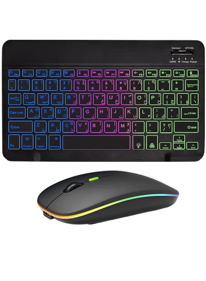 Rock Pow Arabic English Bluetooth Keyboard and Mouse Combo Ultra-slim Rechargeable Wireless Set with 7-Color Backlit (Black, 1 Set) s4c89