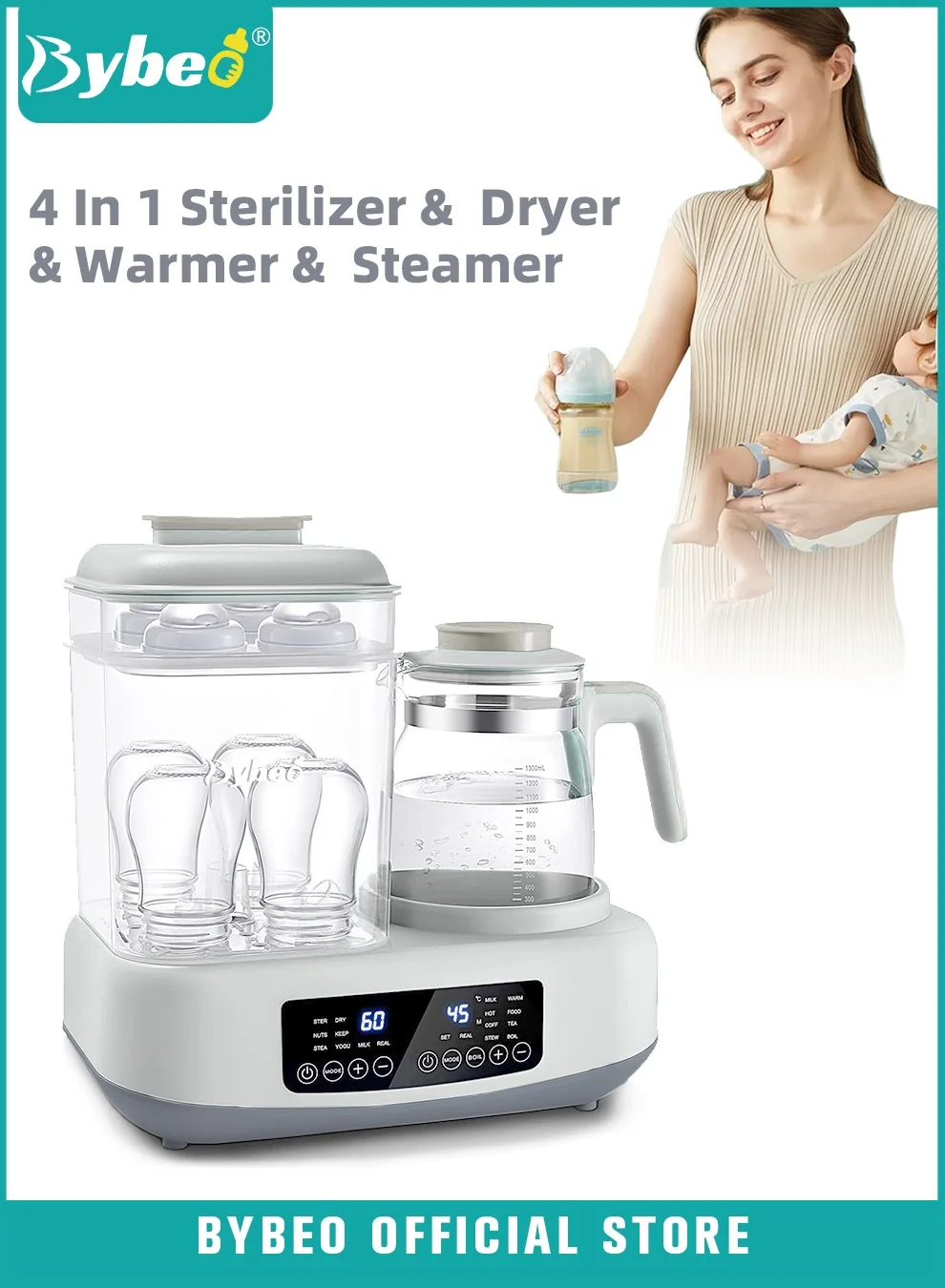 Bybeo 8-In-1 Multifunctional Baby Bottle Sterilizer and Dryer with Smart Temperature Control (White, 1 Unit) eejsl