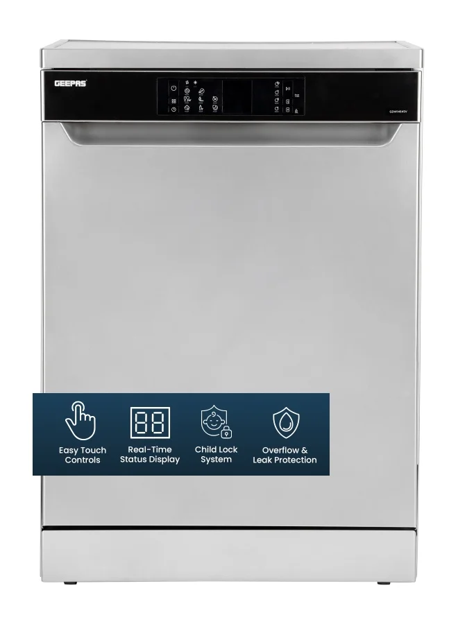 Geepas Freestanding Dishwasher 14 Place Settings with 6 Wash Programs and LED Display (Silver) nmvuf