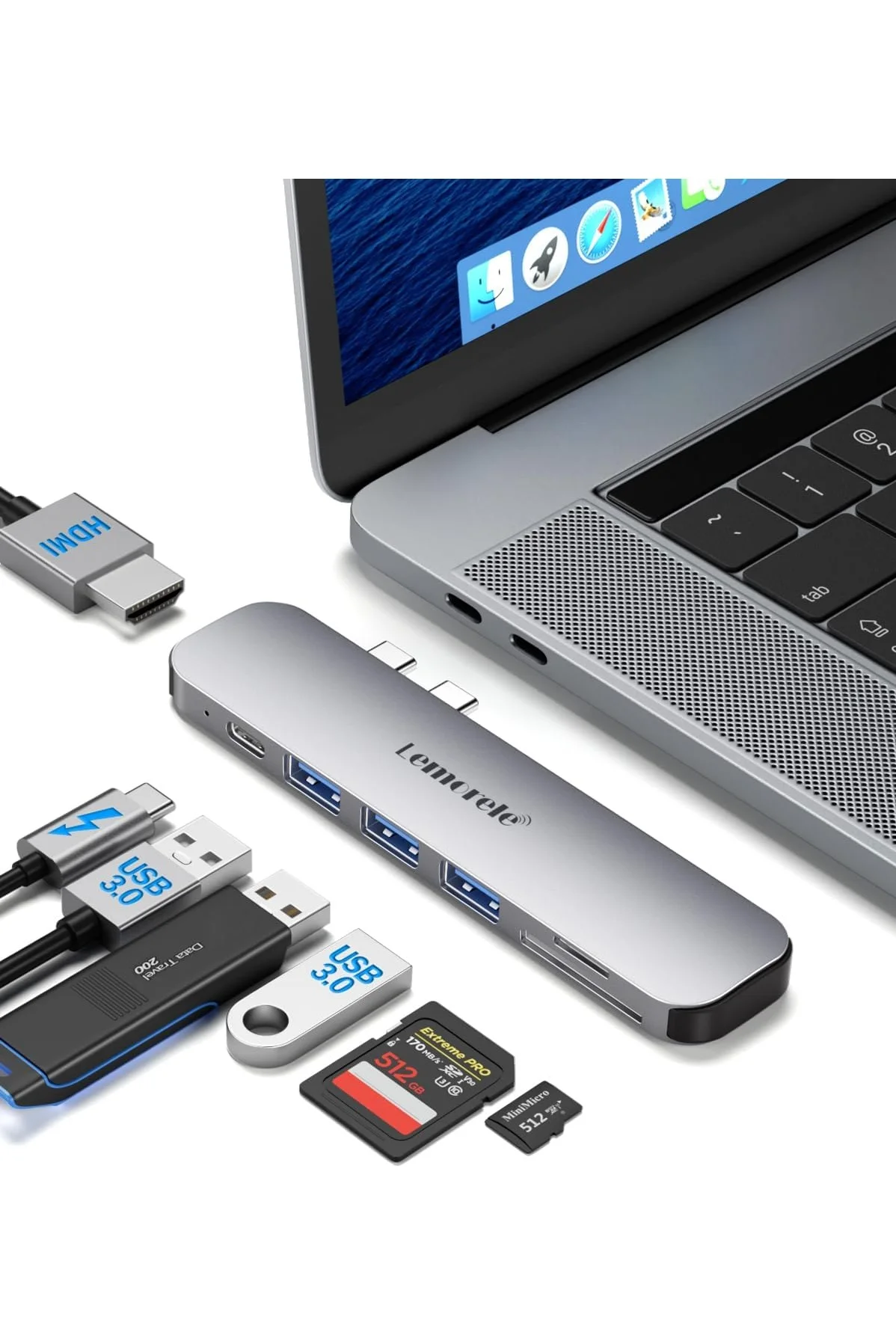 Lemorele 7-in-2 USB C Multiport Adapter Hub with 4K HDMI and 100W PD Charging for Laptops (Silver, 1 Piece) h3mz7