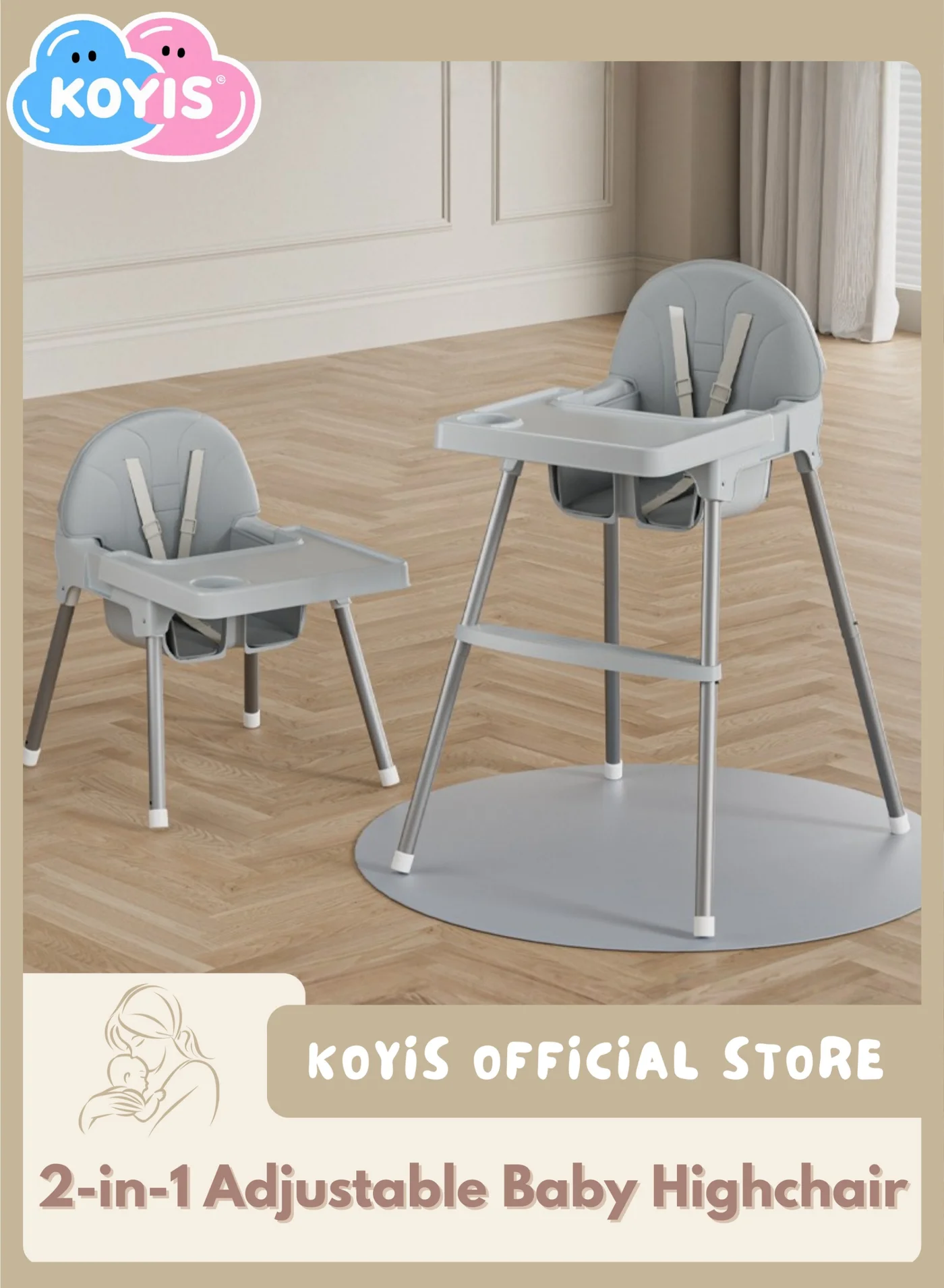 KOYIS 2-in-1 Baby High Chair, Adjustable Height Feeding Seat with Safety Belt and Tray (Grey, 1-Pack) 8732r