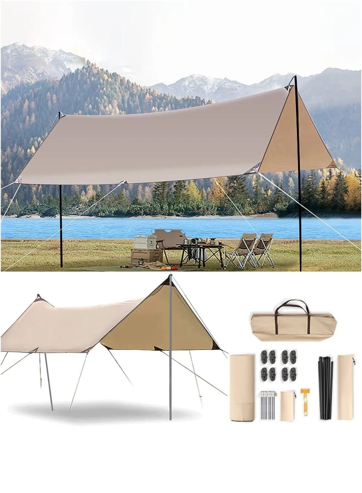 Mereza Camping Tent Tarp Sun Shelter Canopy with Poles (4-6 Person, Waterproof PU 3000mm) Lightweight Outdoor Shade for Beach Backyard Picnic 447so