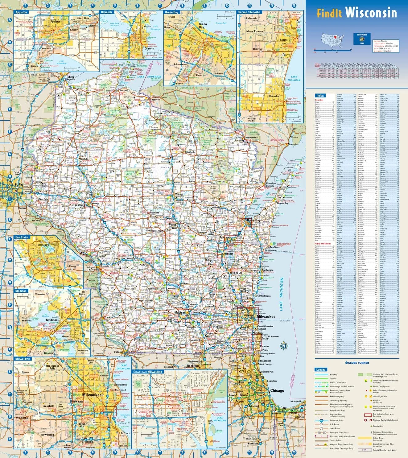 Globe Turner Wisconsin State Wall Map Premium Laminated Educational Decor (47 cm x 53 cm) e9n50