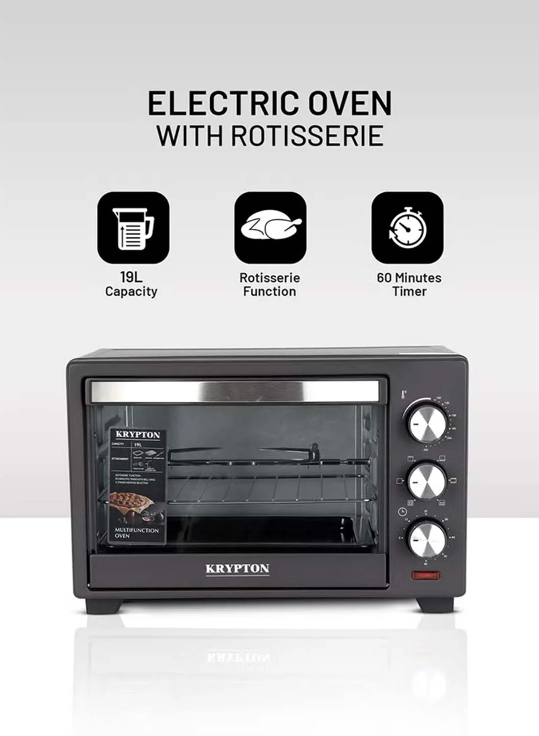 KRYPTON Electric Oven with Rotisserie Function, Premium Stainless Steel Heating Elements, Compact Countertop Design (Black/Silver, 19 L) 1jp0o