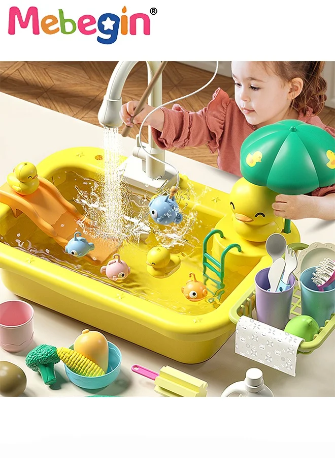 MEBEGIN 2-in-1 Kitchen Sink Playset with Running Water and Duck Fishing Toy (Large Capacity) ugwso