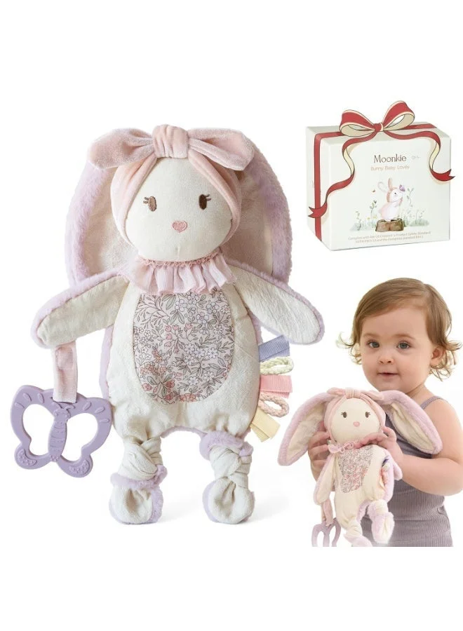 Moonkie Bunny Baby Lovey Security Blanket with Silicone Teether Sensory Crinkle Toy for Newborn Girls (1 Piece) c8m99
