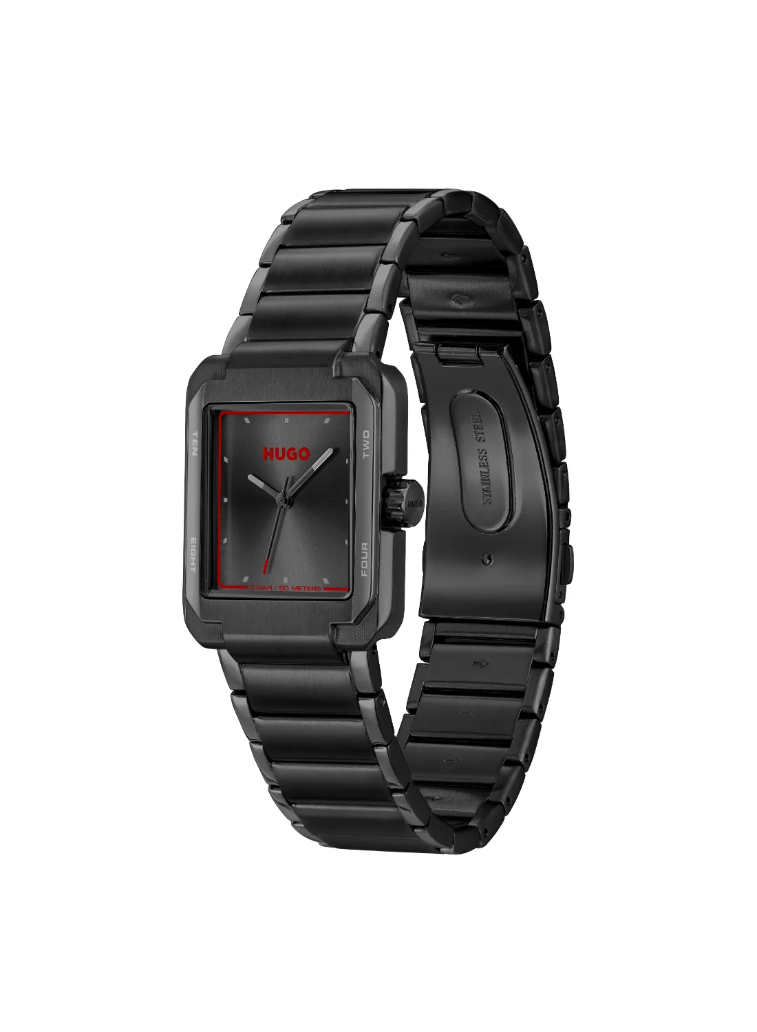 Premium Rectangle Analog Quartz Watch for Men (Black Case, Stainless Steel Band) lmd9p