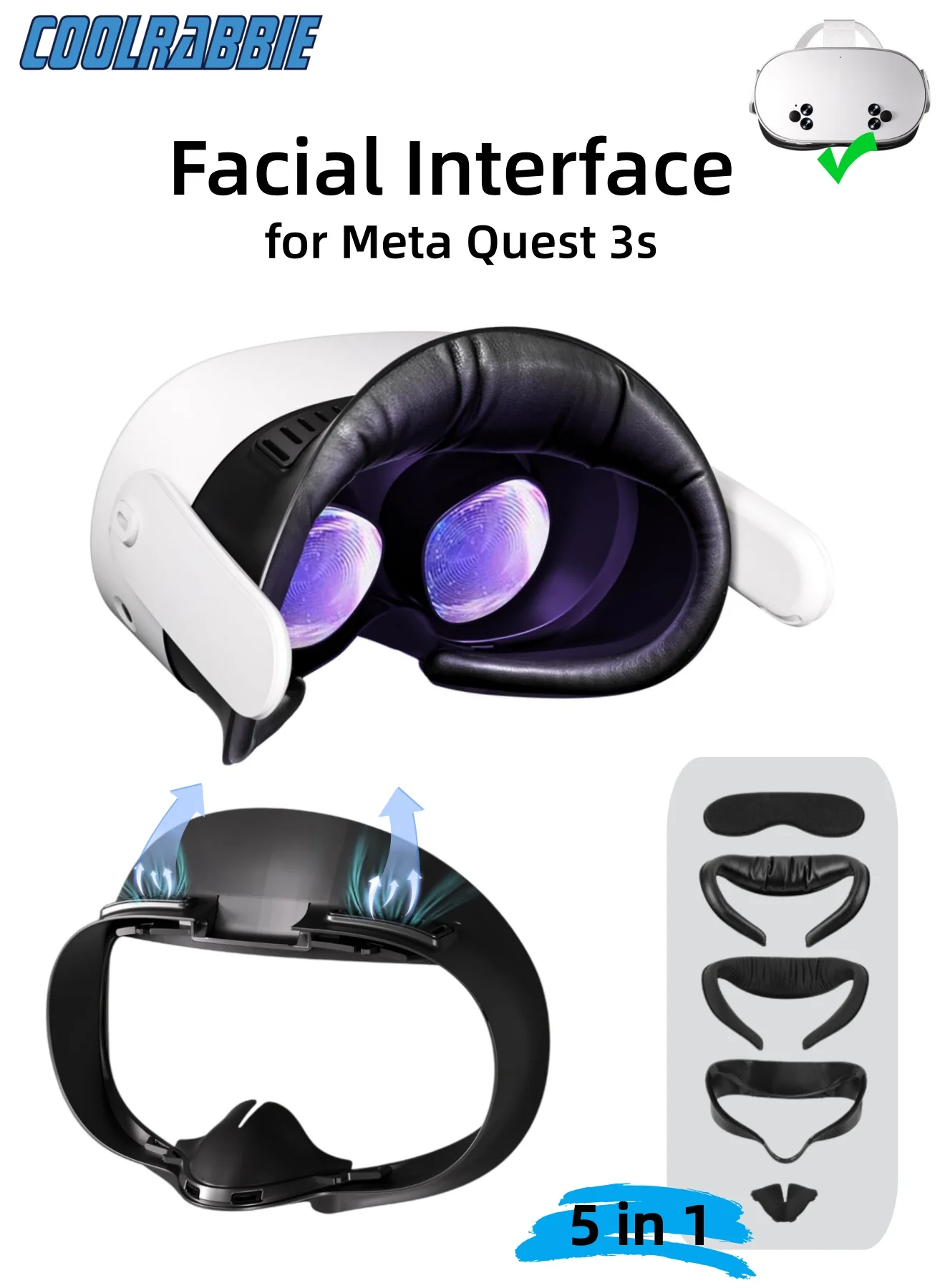 CoolRabbie VR Facial Interface Replacement for Quest 3s, Premium PU Leather and Ice Silk Foam Cushion, Sweat-Proof Air-Circulation Design (1 Piece) hg1f3