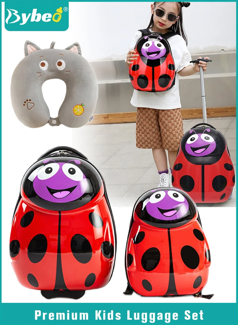 Bybeo 3PCS Kids Luggage Set Rolling Suitcase with Backpack and U-shaped Pillow (16 Inches, Unisex) th61e