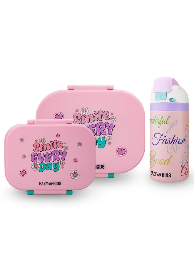 Eazy Kids Bento Lunch Box Set of 2 with Stainless Steel Water Bottle (Shine Pink, 445 mL) 7cr3y