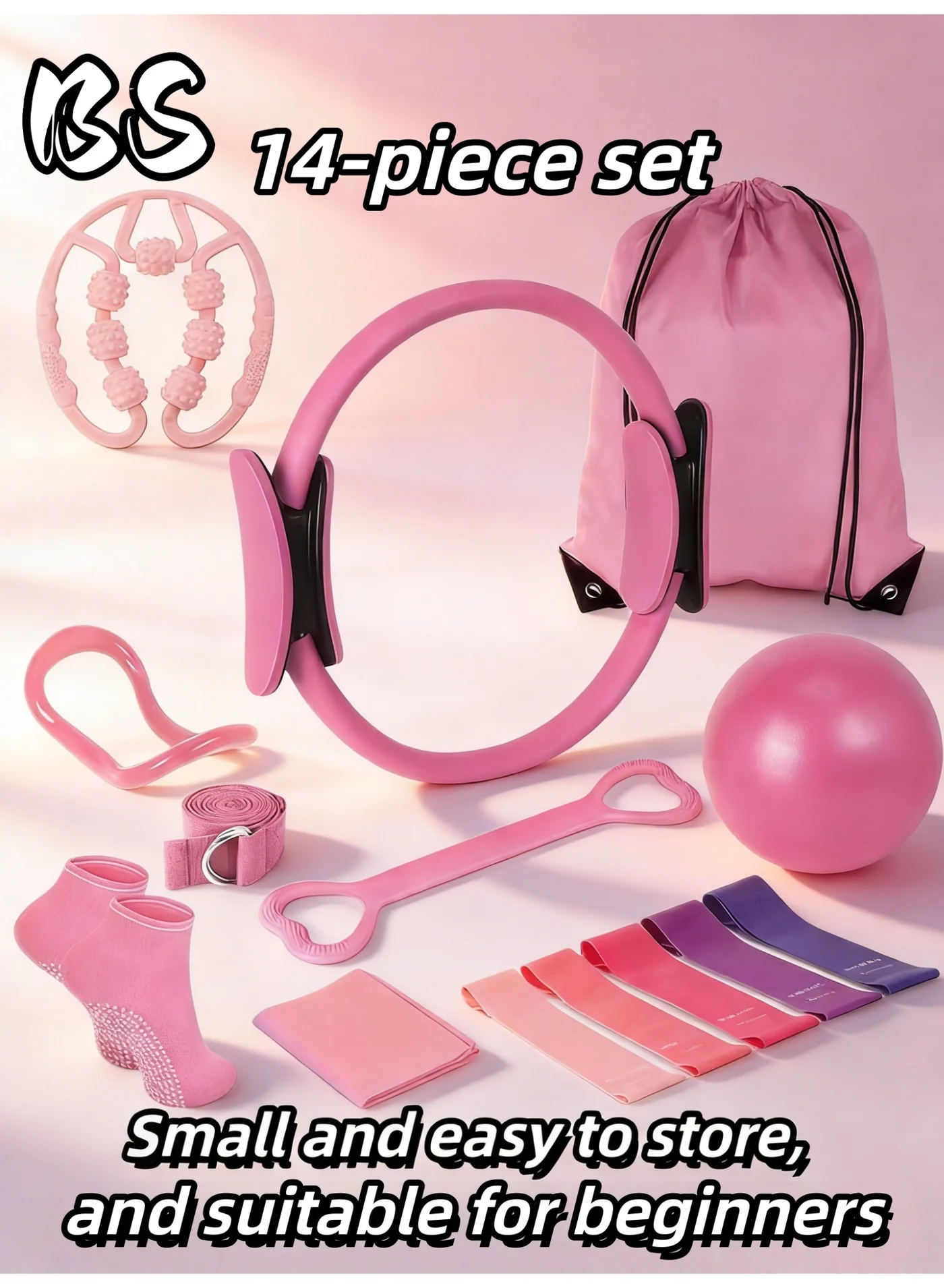 BS Pilates Fitness Equipment Set 14-Piece Professional Workout Kit for Women (Pink, 14-Piece) otfwi