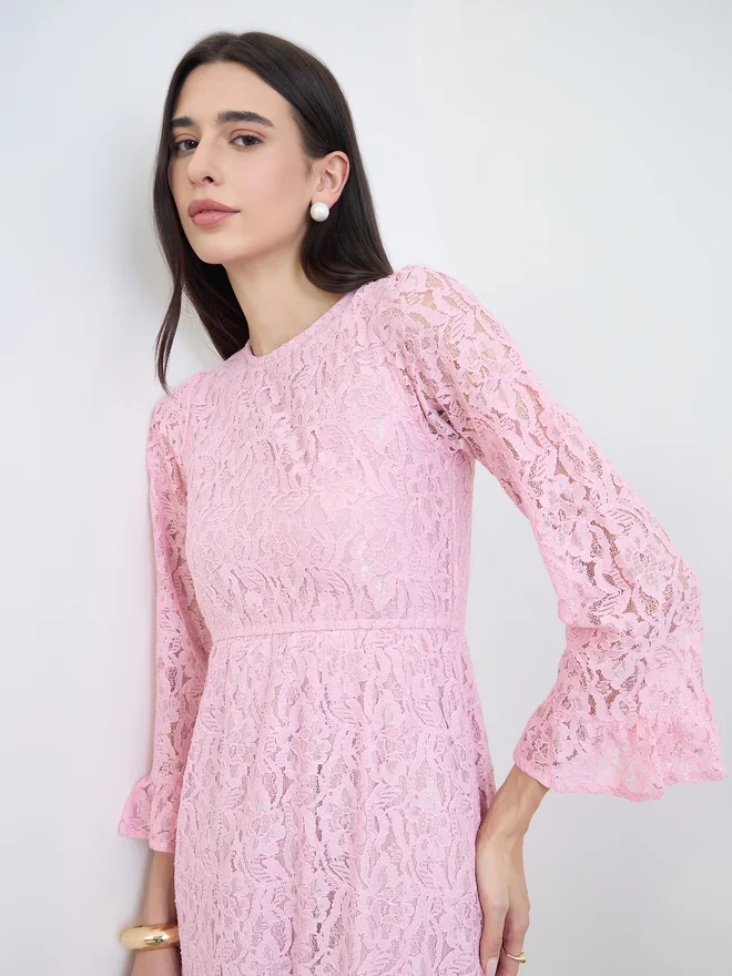 Styli Pink Lace Bell Sleeves A-Line Midi Dress Elegant Floral Pattern For Women xk8xg