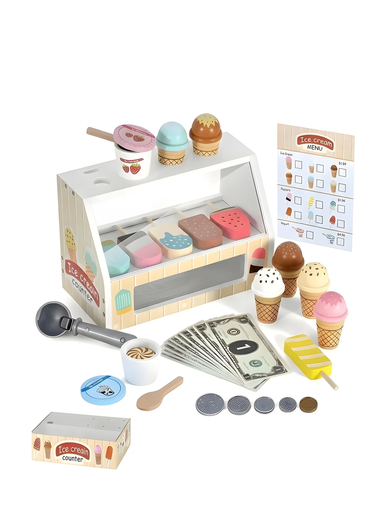 Beauenty Wooden Ice Cream Counter Playset Pretend Play Kitchen Food Accessories for Kids (1 Set) l9b2p