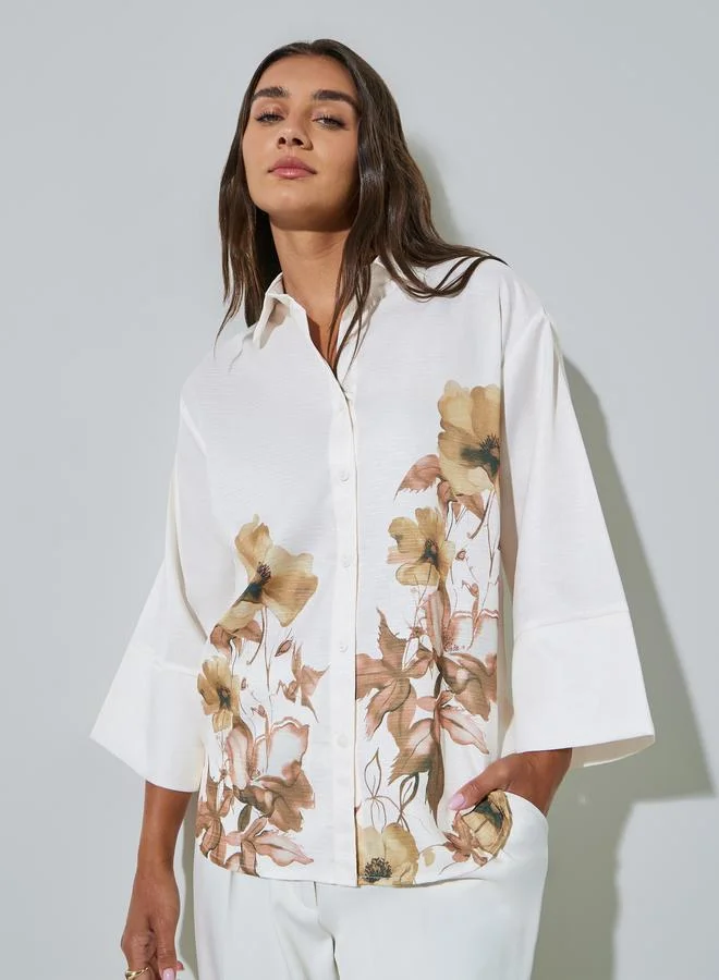 Styli Floral Print 3/4 Sleeve Shirt Premium Casual Blouse for Women (White, Medium) qrtqc