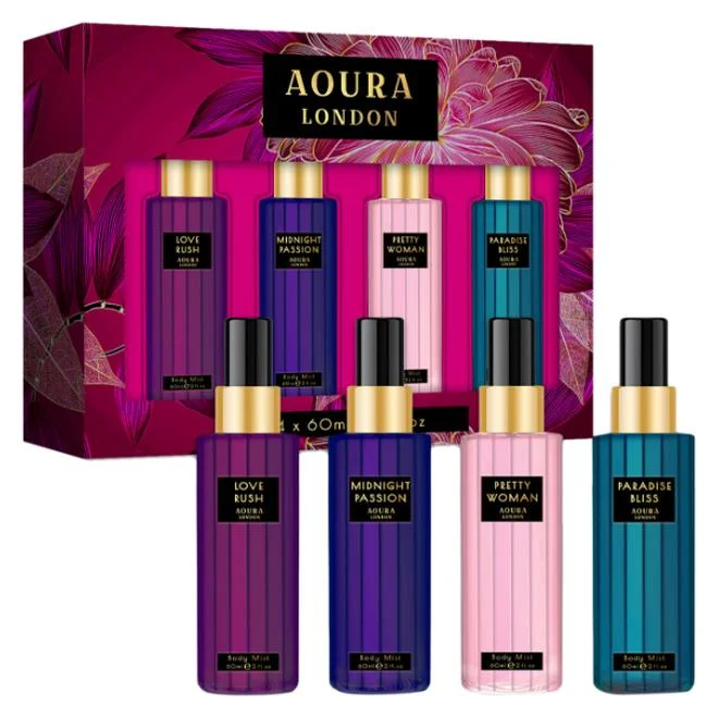 Aoura London Womens Fragrance Body Mist Gift Set (4 x 60 mL) - Midnight Passion, Love Rush, Pretty Woman, Paradise Bliss 33xas