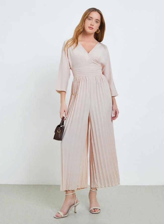 Take Two Wide Leg Pleated Jumpsuit Premium Elegant Casual Wear for Women (Beige, One Size) wt7sa