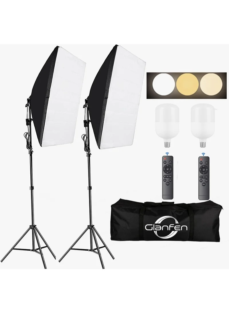 Glanfen Photography Soft Box Lighting Kit Professional Studio Equipment with 2 Pcs 200W 3-Color Bulbs and Carry Bag for Portrait and Product Shooting rm6nd