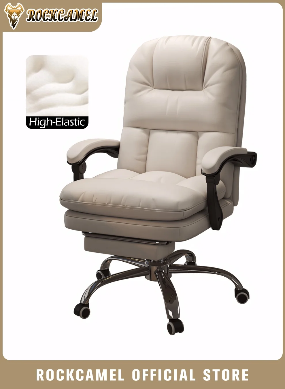 ROCKCAMEL Ergonomic Gaming Chair with Retractable Footrest and Lumbar Support, Adjustable Swivel Computer Desk Chair for Home Office (White) ig3og