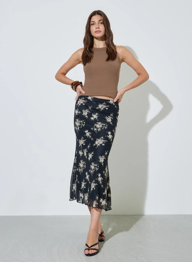 Styli Black Floral Print Bias Midi Skirt Elegant Flowy Silhouette for Women (Medium) 9jk16