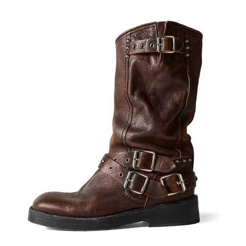 Premium Mid-Calf Riding Boots for Women Chunky Low Heel Squared Toe Biker Booties (Brown, Size 35) mq9jo