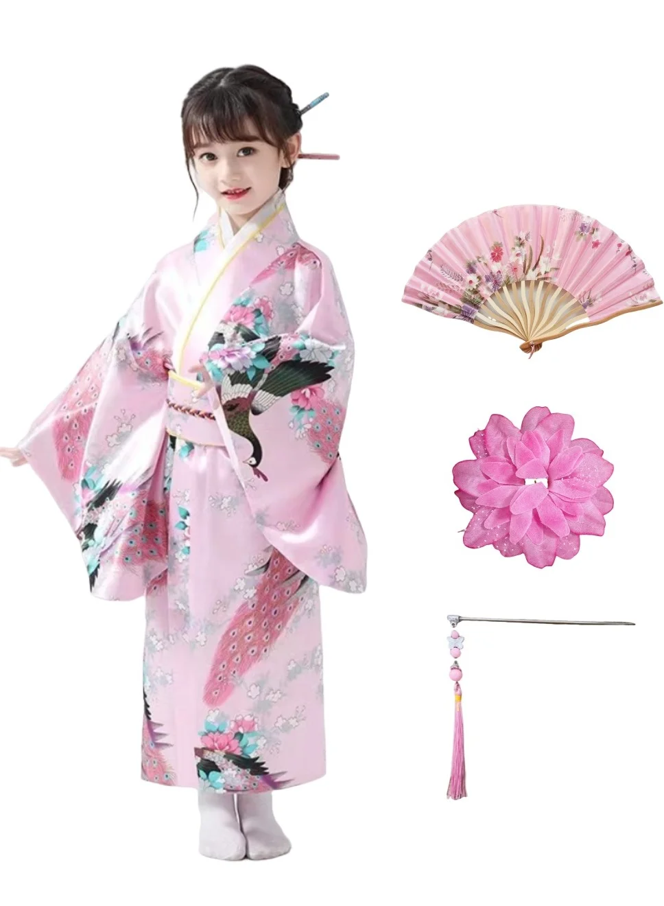 Loquat Japanese Traditional Kimono Robe for Girls Premium Floral Print Costume (Kids Size 130cm) zjdks