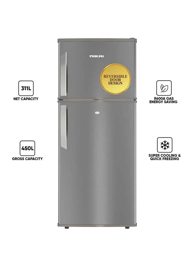 Nikai Double Door Refrigerator (450L Gross Capacity, Adjustable Glass Shelves, Grey) - Premium Freestanding Kitchen Appliance ndalg