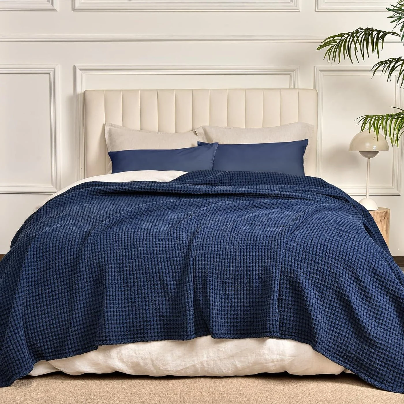 PHF Waffle Weave Blanket Washed Cotton Premium Bedspread for All Season (Navy Blue, 230cm x 265cm) ytmha