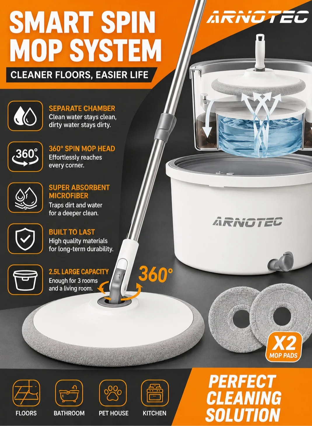 ARNOTEC Quick Spin Mop and Bucket Set with 2 Microfiber Heads (360-Degree Rotating, Extendable Handle, Floor Cleaning System) fz5bq