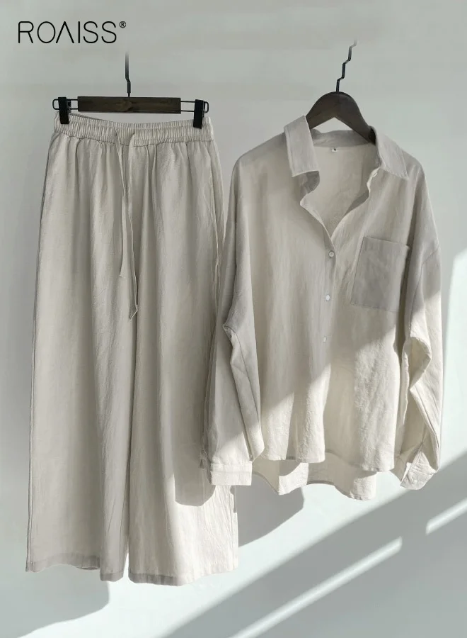 Roaiss Women 2-Piece Cotton Linen Shirt and Loose Pants Set (Solid Color, Breathable Summer Casual Suit) r3hx5