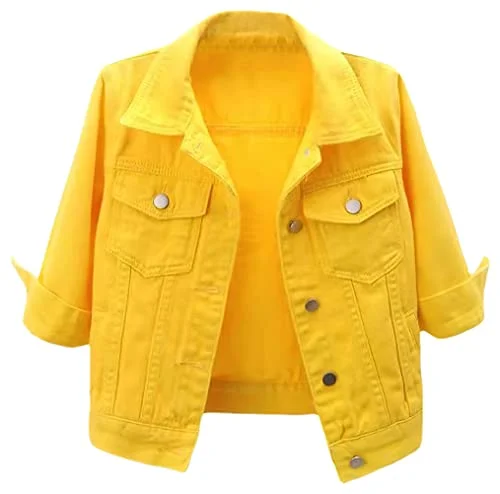 Premium Women Casual 3/4 Sleeve Cropped Denim Jacket Button Down Motorcycle Style (Yellow, XSmall) eqoc2