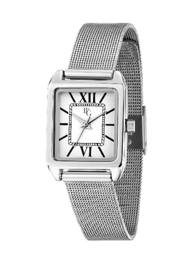 B&G Women's Rectangular Analog Watch with Silver Stainless Steel Band (White Dial, 22mm) ryx8k