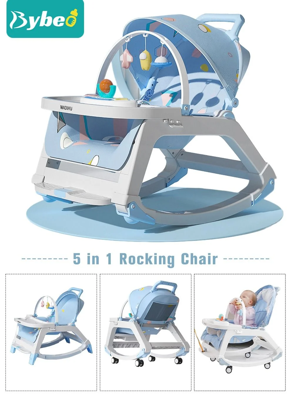 Bybeo 5-in-1 Multifunctional Baby Rocking Chair and Dining Seat with Sunshade and Hanging Toys (Kids, Toddler) 5urbg