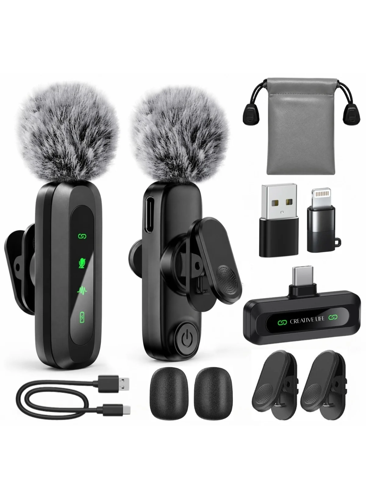 Creative Life Wireless Lavalier Microphone Dual Clip-On Mic with Noise Cancellation for Content Creation (100m Range) skj8v