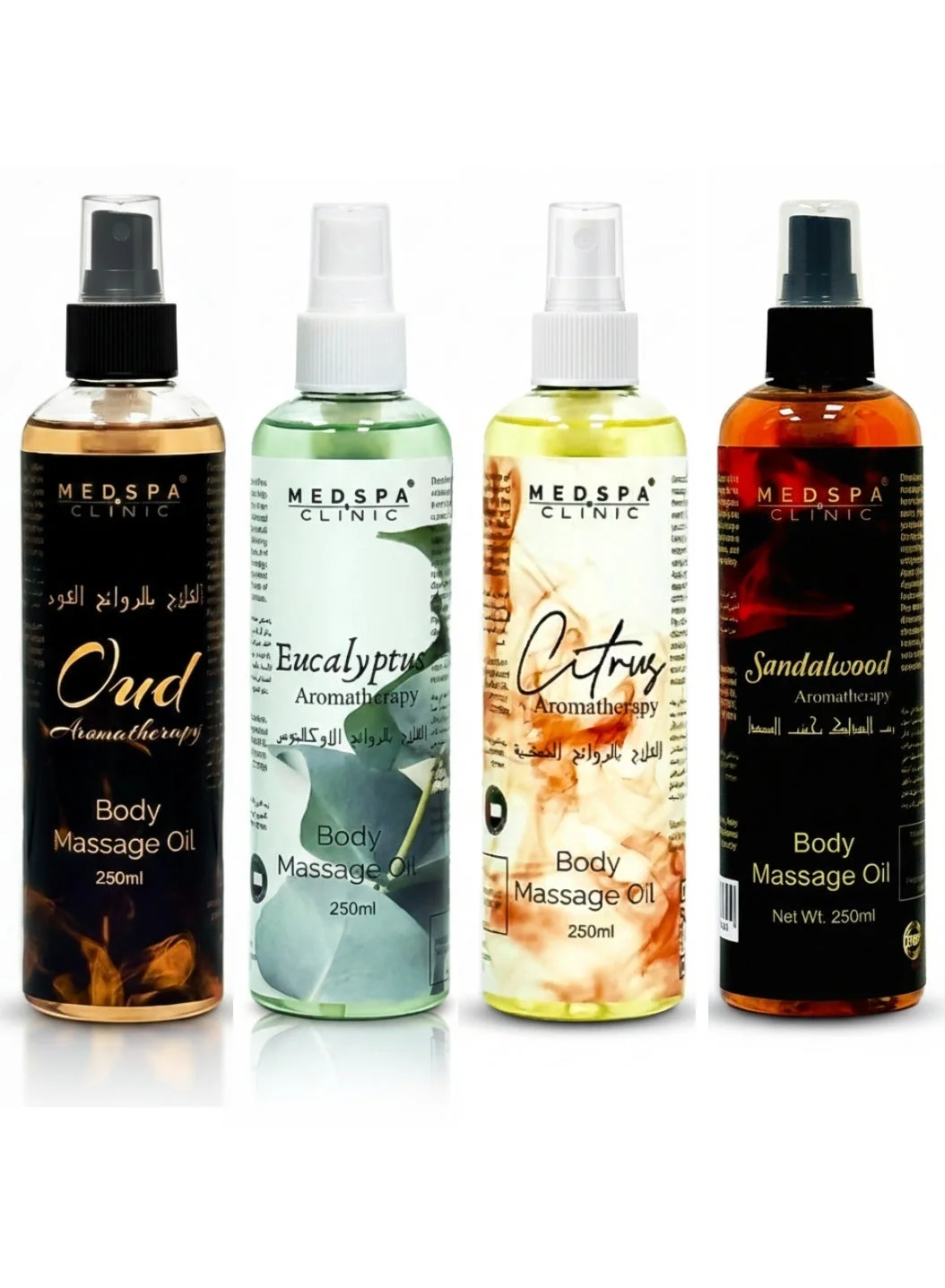 MEDSPACLINIC Aromatherapy Body Massage Oil Set - Sandalwood, Citrus, Oud, Eucalyptus (4 x 250 mL) eq4fv
