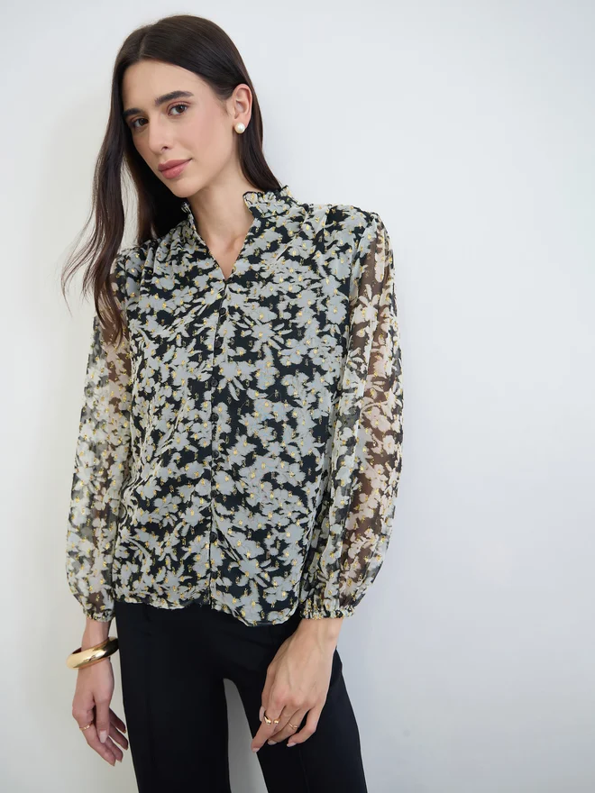 Styli Floral Print Sheer Blouse Elegant Long Sleeve Top for Women (Black, Medium) 03wah