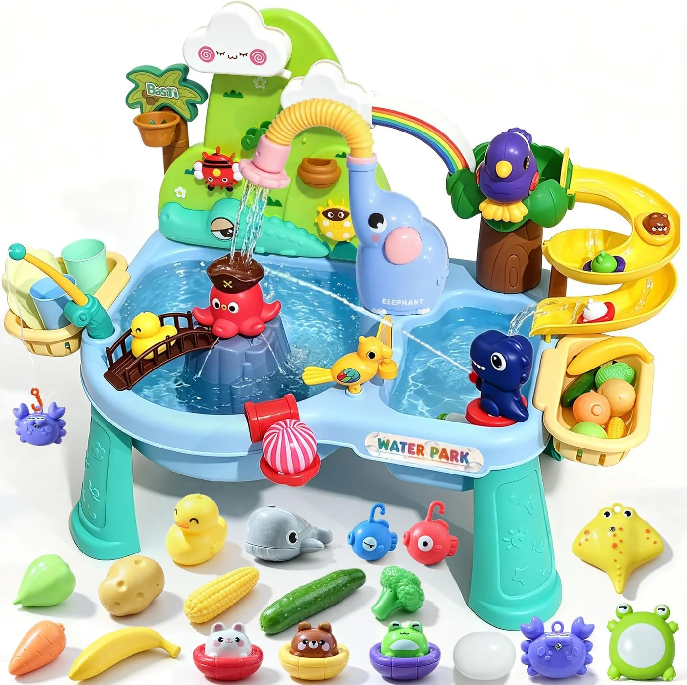 Dergo 4-in-1 Sensory Water and Sand Table with Electric Pump and Elephant Sprinkler for Kids (Multicolor, 60 cm) 8szd7