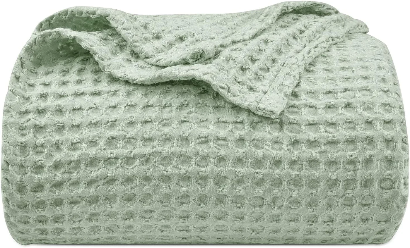 PHF Waffle Weave Blanket Premium Soft Polyester Bed Throw (Sage Green, King Size 230cm x 264cm) z2txr