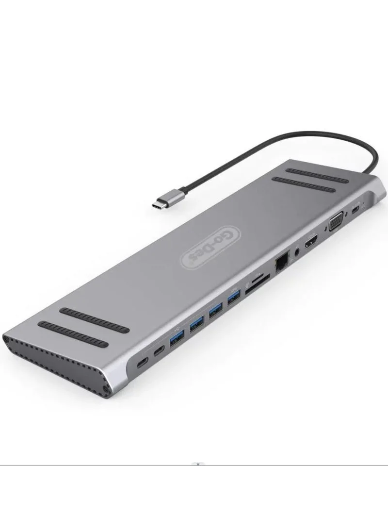 GO-DES 14-in-1 USB-C Docking Station Multiport Adapter with HDMI VGA Ethernet and PD Charging (Silver) 42af8
